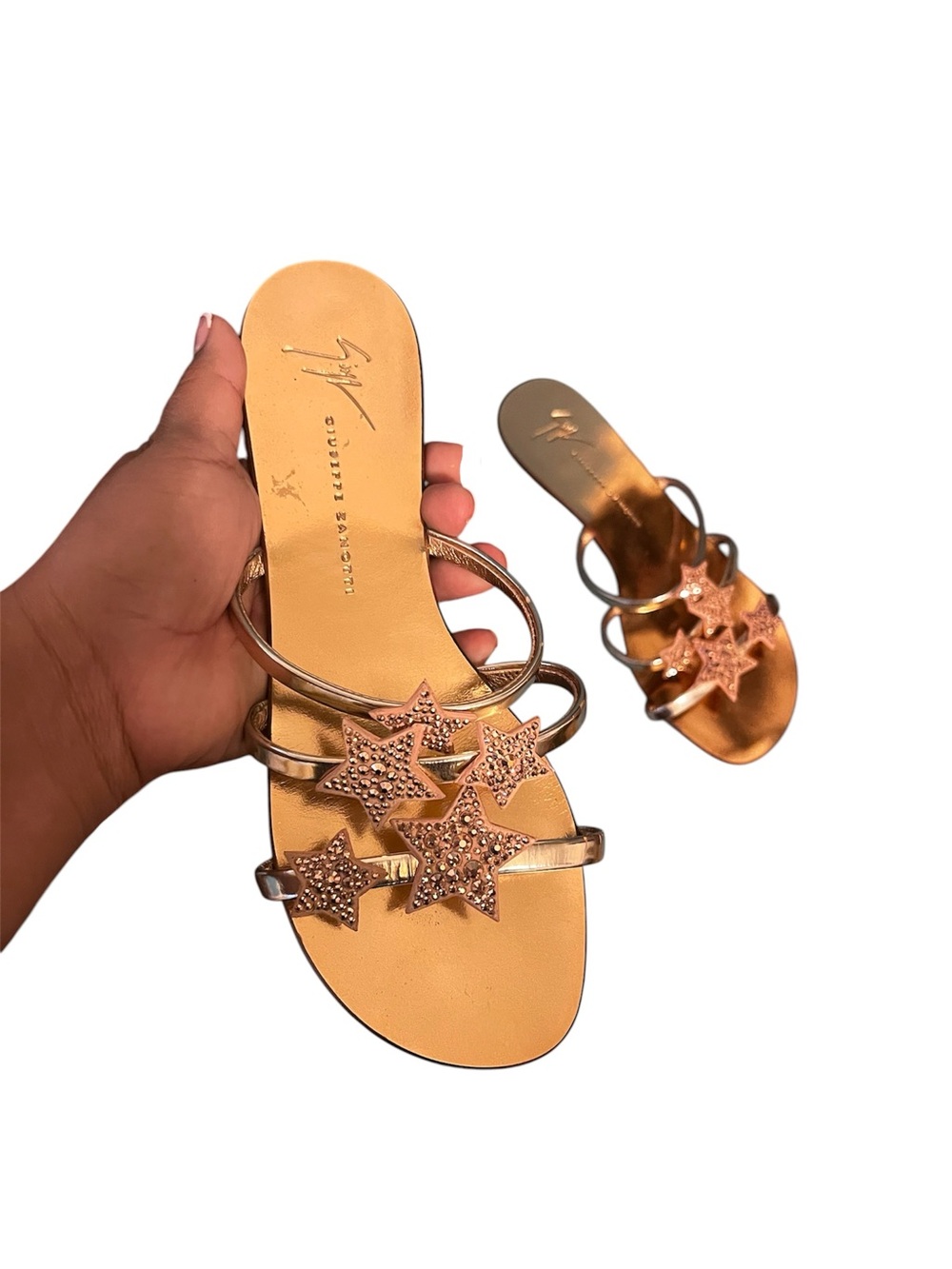 Giuseppe Zanotti Metallic Rose Gold Star Slide Sandals